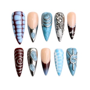 Blue Tribal Press On Nails / Silver Chrome & Stone Nails / Abstract Ocean Fake Nails / Long Stiletto Sculptural Nail Art