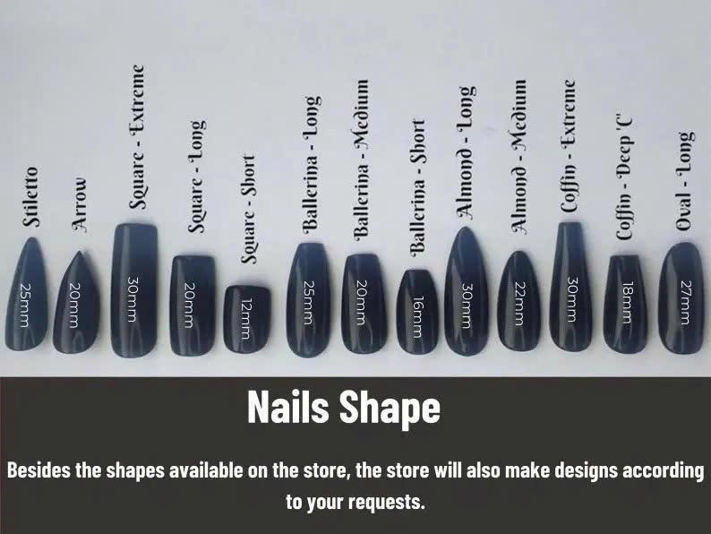 May include: A chart displaying various dark gray artificial nail shapes labeled Stiletto, Arrow, Square, Ballerina, Almond, Coffin, and Oval with corresponding lengths in millimeters ranging from 12mm to 30mm. The text reads Nails Shape and custom design info.