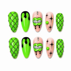 Neon Green Press On Nails / Black Drip Fake Nails / Rhinestone Net Almond Nails / Cartoon Teeth Y2K Nail Art