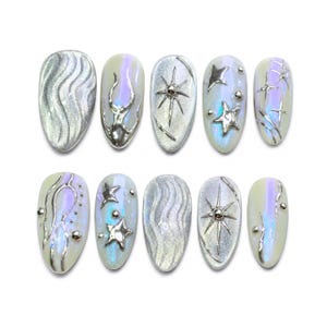 Chrome Press On Nails / 3D Silver Star Fake Nails / Iridescent Cat Eye Gel Nails / Y2K Space Nail Art / Handmade Galaxy Nails