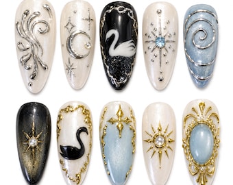 Swan Celestial Press On Nails / 3D Pearl Star Nails / Long Almond Fake Nails / Black Blue Moon Nail Set