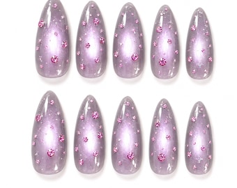 Pink Crystal Press On Nails / Purple Cat Eye Nails / Long Almond Fake Nails / Glitter Rhinestone Y2K Nail Art