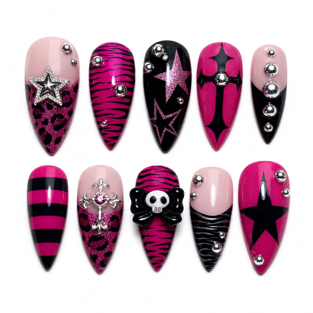 Y2K Pink Punk Press On Nails / Hot Pink Zebra Leopard Fake Nails / Goth Star Cross Skull N