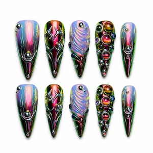 Cyberpunk Chrome Press On Nails / 3D Bubble Gems / Iridescent Long Coffin Fake Nails / Futuristic Y2K Nail Art