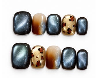 Unhas postiças azuis olho de gato / Unhas postiças curtas quadradas com estampa de leopardo / Ombré âmbar com glitter dourado / Arte de unhas artesanal para o outono