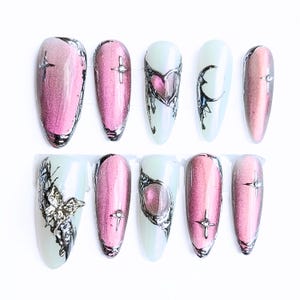 Pink Chrome Celestial Press On Nails | Blue Heart Moon Star  | Y2K Fairycore Nails