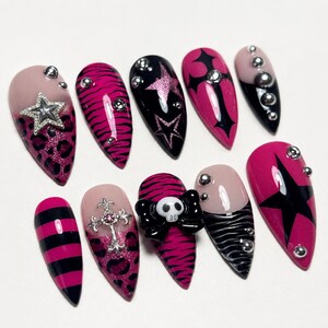 Y2K Pink Punk Press On Nails / Hot Pink Zebra Leopard Fake Nails / Goth Star Cross Skull Nails / Long Almond Handmade Set image 3