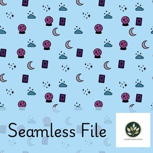 May include: A light blue seamless pattern featuring purple crystal balls, tarot cards, crescent moons, clouds, and stars. The words "Seamless File" are at the bottom of the image.
