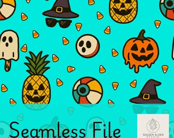 Summerween Seamless Pattern: Grünblaues, gruseliges Strand-Design (PNG Digital Download 4000x4000 px, 300 DPI)