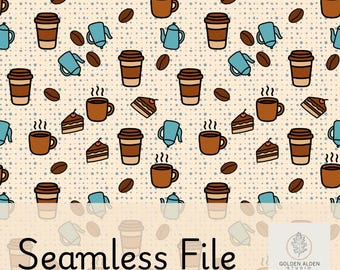 Könnte beinhalten: Ein nahtloses Muster mit Kaffeetassen, To-Go-Bechern, Kaffeebohnen, Teekannen und Kuchenstücken. Das Design ist in Braun-, Blau- und Beigetönen gehalten, mit einem gepunkteten Hintergrund. Der Text "Seamless File" steht unten.