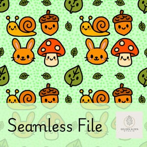 May include: A seamless pattern featuring cartoon snails, acorns, rabbits, mushrooms, and leaves on a light green background. The design includes the text "Seamless File" and a logo for Golden Alden Studio.