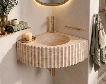 Travertine Corner Sink, Fluted Wall Mounted Stone Basin, Hand Carved Bathroom Sink
