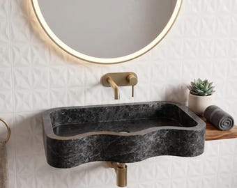 Organic Wavy Black Marble Sink, Handmade Natural Stone Basin, Modern Wall Mounted Bathroom Sink