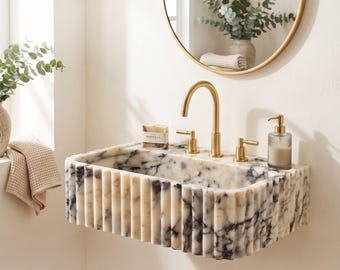 Calacatta Viola Fluted Marble Sink, Wall Mounted Luxury Bathroom Sink, Handmade Stone Basin