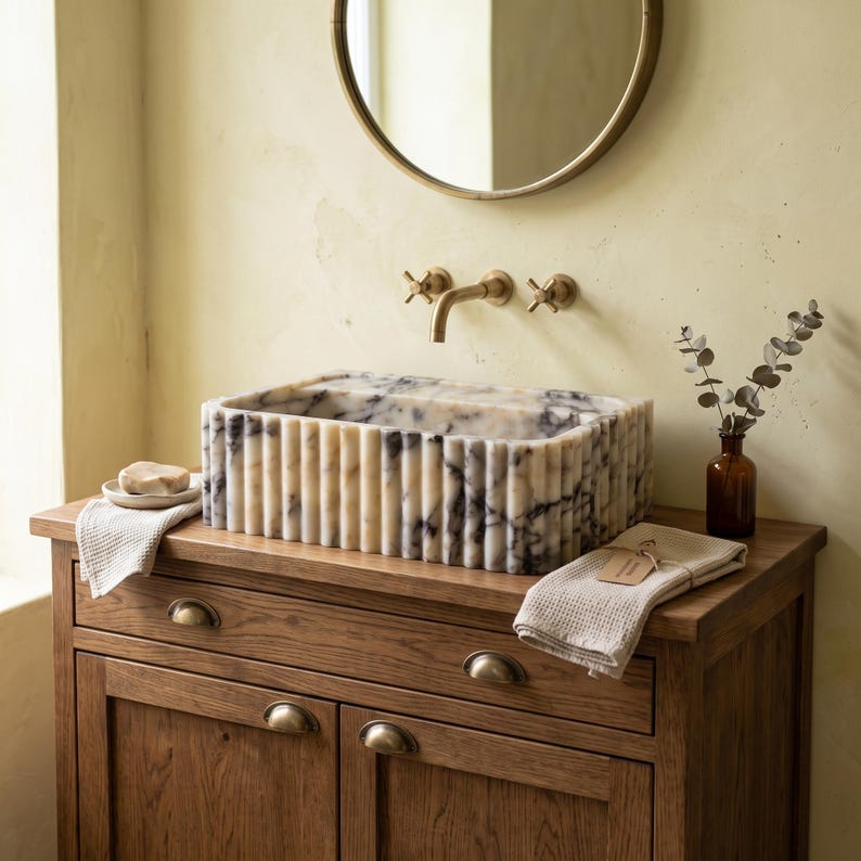 Luxury bathroom vanity with a Calacatta Viola marble sink, fluted stone front, wall-mounted faucet and dark wood cabinet.