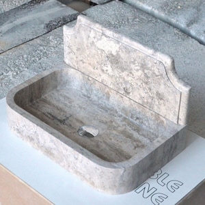 Hand Carved Silver Travertine Marble Sink: Wall Mounted Vessel