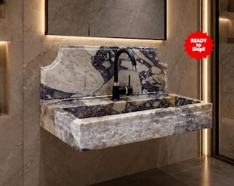 Lavabo in marmo Calacatta Viola con alzatina, mobile bagno sospeso