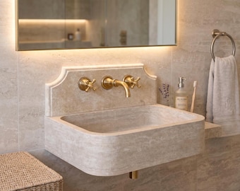 Lavabo de travertino de pared – Mueble de baño de piedra maciza, lavabo de piedra flotante
