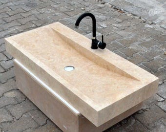 Travertine Wall Mounted Sink Beige Stone Minimalist Bathroom Vanity Gold Faucet