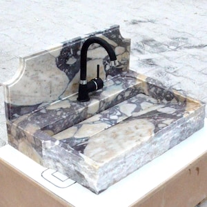 Calacatta Viola Marble Sink with Backsplash, Custom Wall Mounted Vanity