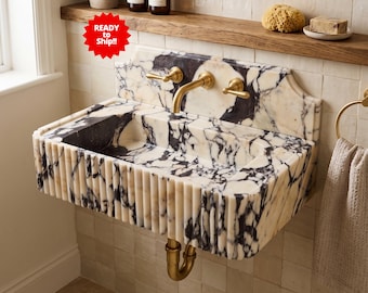 Lavabo di lusso in marmo Calacatta Viola, lavabo a parete scanalato con alzatina.