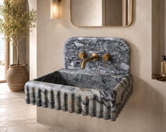Calacatta Grey Marble Sink, Wall Mounted Sink, Fluted Stone Vanity, Floating Bathroom Basin