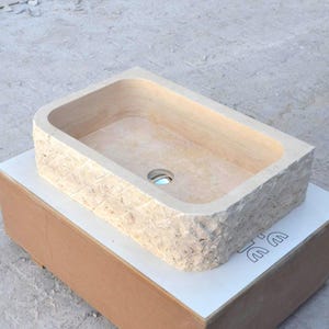 Travertine Marble Sink, Natural Stone Sink, Luxury Marble Design and Blasted Detail, Powder Room Sink, Wall Mounted Sink