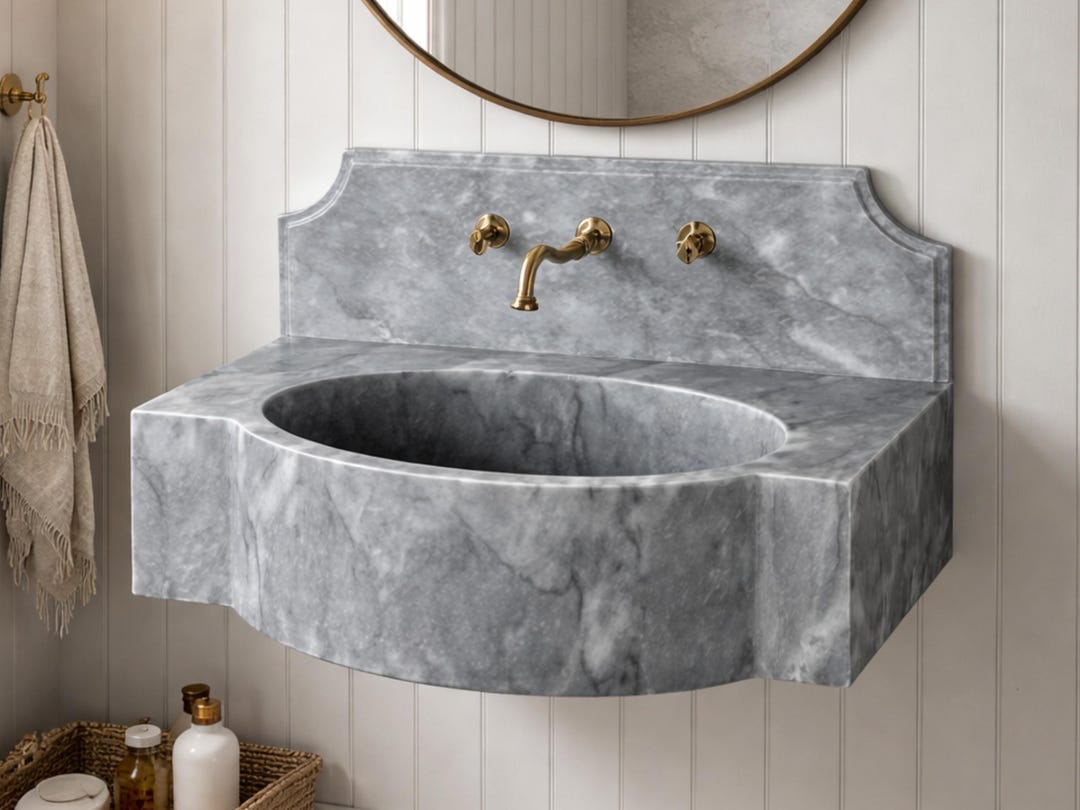 Gray Marble Wall Mounted Bathroom Vanity With Backsplash, Custom Stone ...