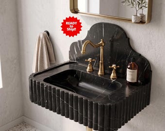 Nero Marquina handfat i marmor, räfflat väggmonterat handfat, skulpturalt kommod i svart sten med stänkskydd