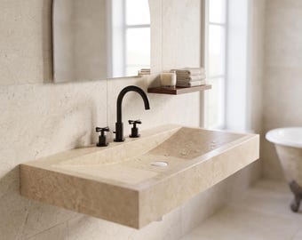 Handgemaakte travertin wastafel, zwevende stenen wastafel, moderne wastafel voor de toiletruimte