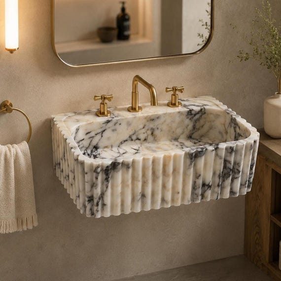 Calacatta Viola Fluted Marble Sink, Wall Mounted Luxury Bathroom Sink, Handmade Stone Basin