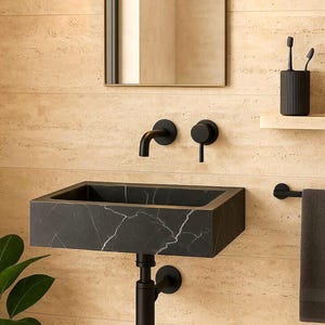 Nero Marquina Marble Sink: Hand Carved Natural Stone Vessel
