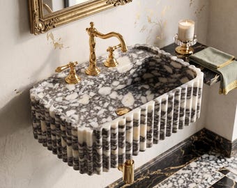 Lavabo in marmo Calacatta Viola, lavabo sospeso scanalato, mobile bagno di design intagliato, lavabo di lusso per il bagno
