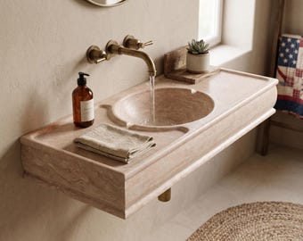 Lavabo mural de travertino, lavabo flotante tallado a mano, lavabo de mármol natural, diseño personalizado de lujo.
