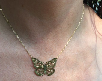 METAMORPHOSIS Brass Monarch Butterfly 14 K Gold Filled Thin Chain Necklace Bridesmaid Jewelry