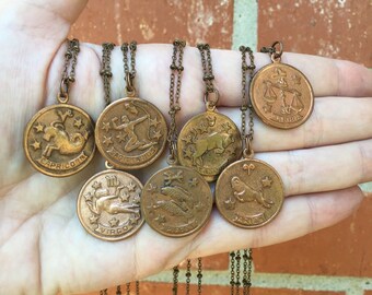 Astrological Signs Aries Capricorn Virgo Sagittarius Taurus Pisces Libra Antique Copper Charm Necklace