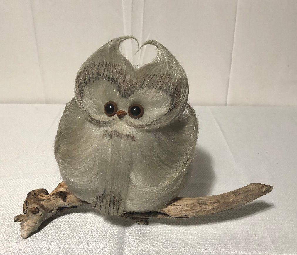 Vintage MCM/Retro Wooly Gray & White Owl Figure on Driftwood Branch/Signed Vikki