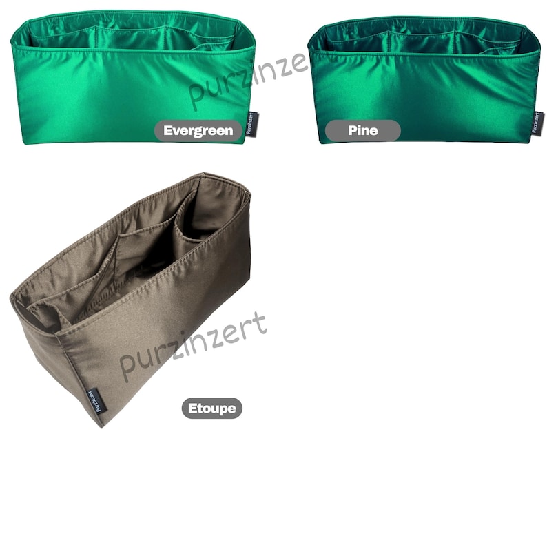 May include: Three fabric organizers in different colors. Two are a vibrant green, labeled "Evergreen" and "Pine", and the third is a neutral taupe, labeled "Etooupe". Each organizer has multiple compartments for storage.