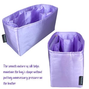 May include: A light purple bag organizer with multiple compartments and a zippered pocket. The organizer is made of a smooth, silky material and features the brand name "Purzinzert". The text in the image says "The smooth nature of silk helps maintain the bag's shape without putting unnecessary pressure on the leather."