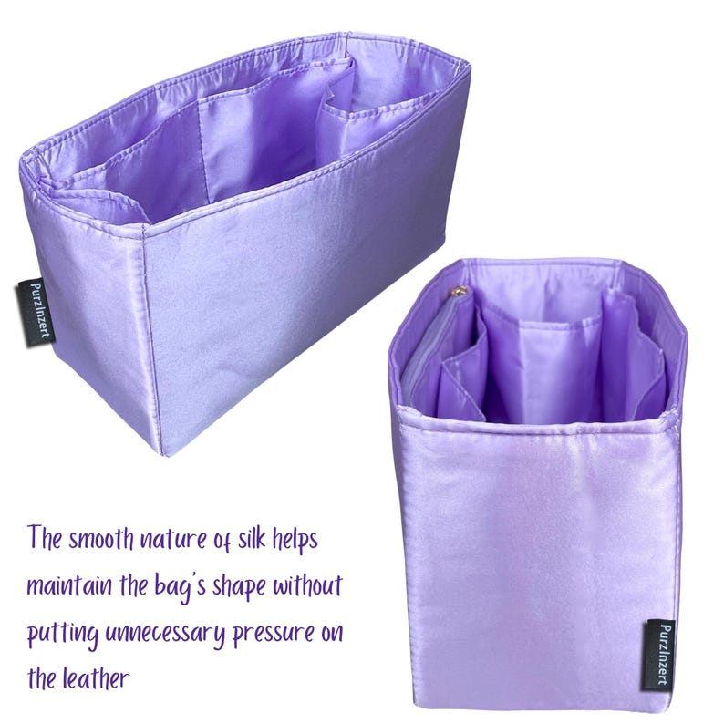 May include: A light purple bag organizer with multiple compartments and a zippered pocket. The organizer is made of a smooth, silky material and features the brand name "Purzinzert". The text in the image says "The smooth nature of silk helps maintain the bag's shape without putting unnecessary pressure on the leather."