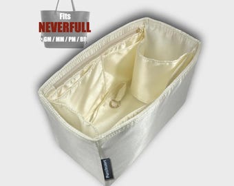 Organizador de bolso de satén y seda para Neverfull (GM, MM, PM, BB), tamaños grande, mediano y pequeño (portabotellas, clip para llaves, bolsillo con cremallera).