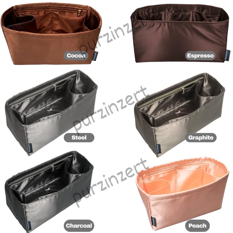 May include: A collection of handbag organizers in various colors, including cocoa, espresso, steel, graphite, charcoal, and peach. Each organizer has multiple compartments and a structured design for efficient storage.