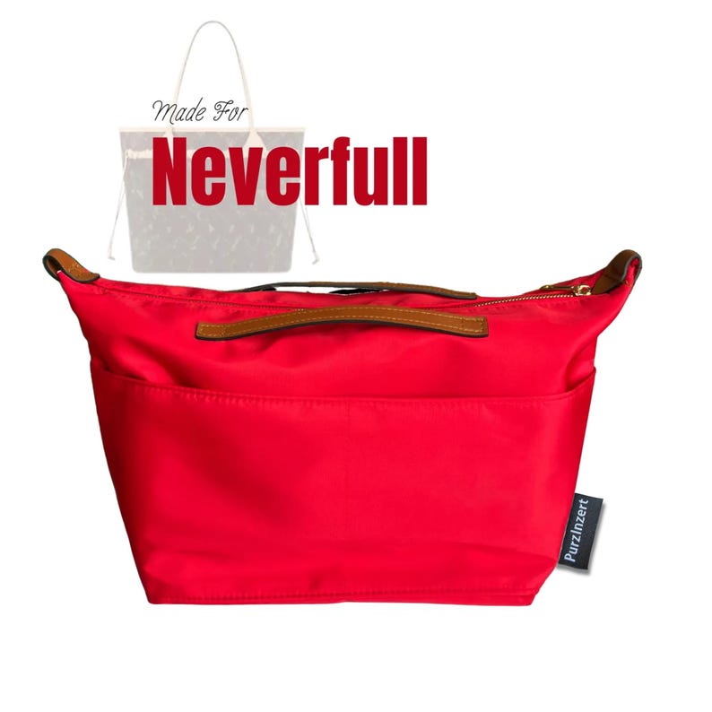 May include: A bright red handbag organizer with brown leather handles and trim. The organizer has a zipper closure and several pockets. The text "Made For Neverfull" is displayed above the bag.