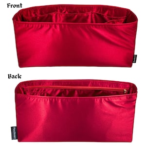 May include: A red satin purse organizer with multiple compartments. The front view shows open pockets, while the back view reveals a zippered compartment. The organizer is designed to keep items neatly arranged inside a handbag.