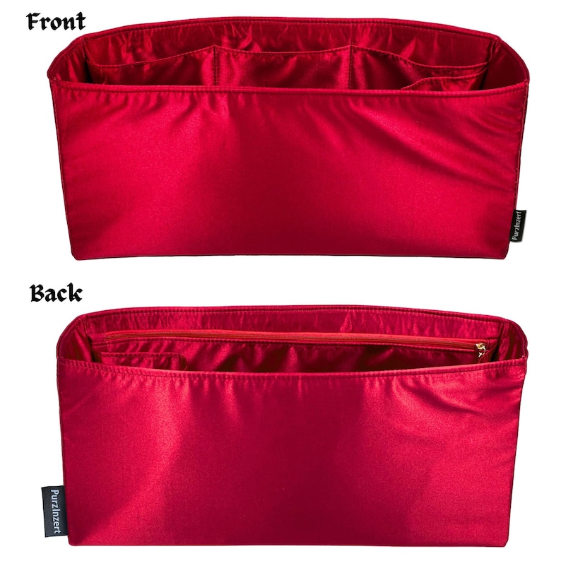 May include: A red satin purse organizer with multiple compartments. The front view shows open pockets, while the back view reveals a zippered compartment. The organizer is designed to keep items neatly arranged inside a handbag.