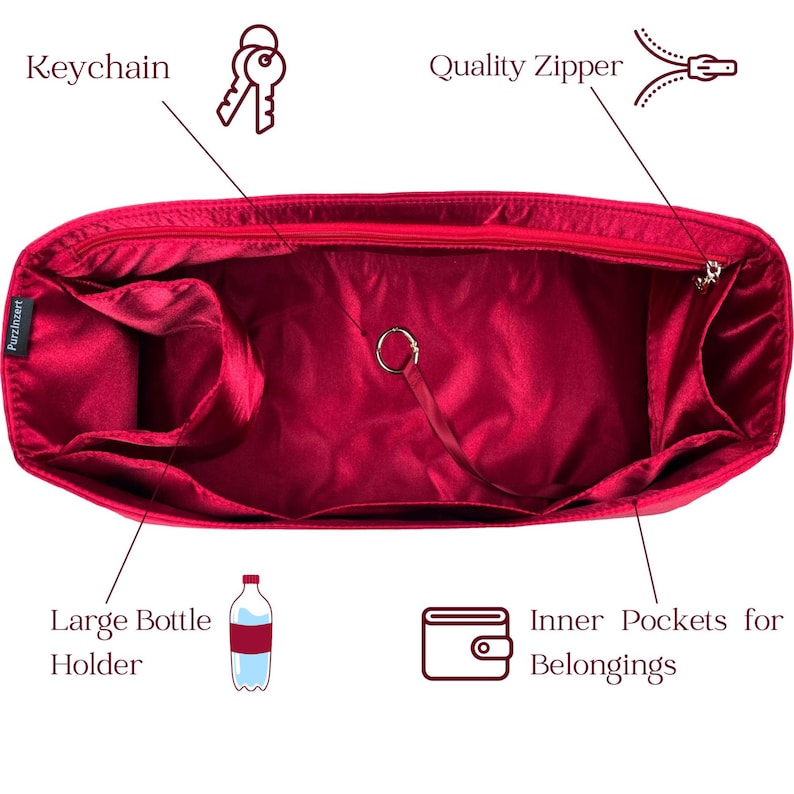 May include: A red handbag organizer with multiple compartments, including a large bottle holder and inner pockets. Features a quality zipper and a keychain attachment. The organizer is designed to keep belongings neatly arranged.