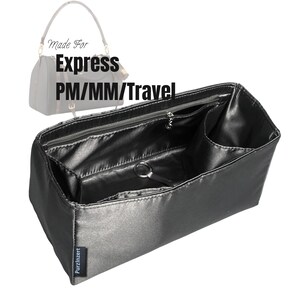 Fits (Express Handbag) Satin Silk Bag Organizer, MM PM Travel Small Medium Large, Insert of Customized Size, Zip Pocket, Bottle Compartment