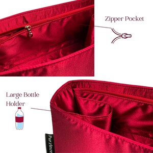 May include: A close-up of a red fabric handbag organizer with multiple compartments. Features include a zipper pocket and a large bottle holder. The organizer is designed to keep items neatly arranged inside a larger bag.