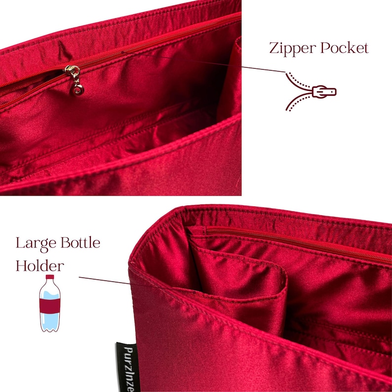 May include: A close-up of a red fabric handbag organizer with multiple compartments. Features include a zipper pocket and a large bottle holder. The organizer is designed to keep items neatly arranged inside a larger bag.