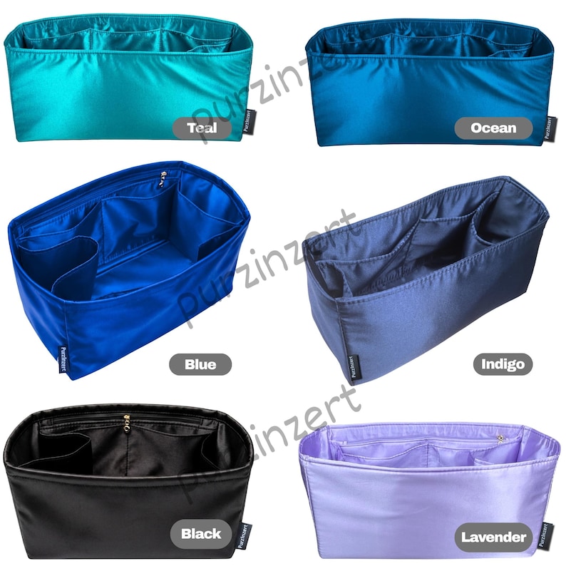 May include: A collection of colorful purse organizers in various shades, including teal, ocean blue, blue, indigo, black, and lavender. Each organizer has multiple compartments and pockets for storage. The labels on the organizers read "Teal", "Ocean", "Blue", "Indigo", "Black", and "Lavender".